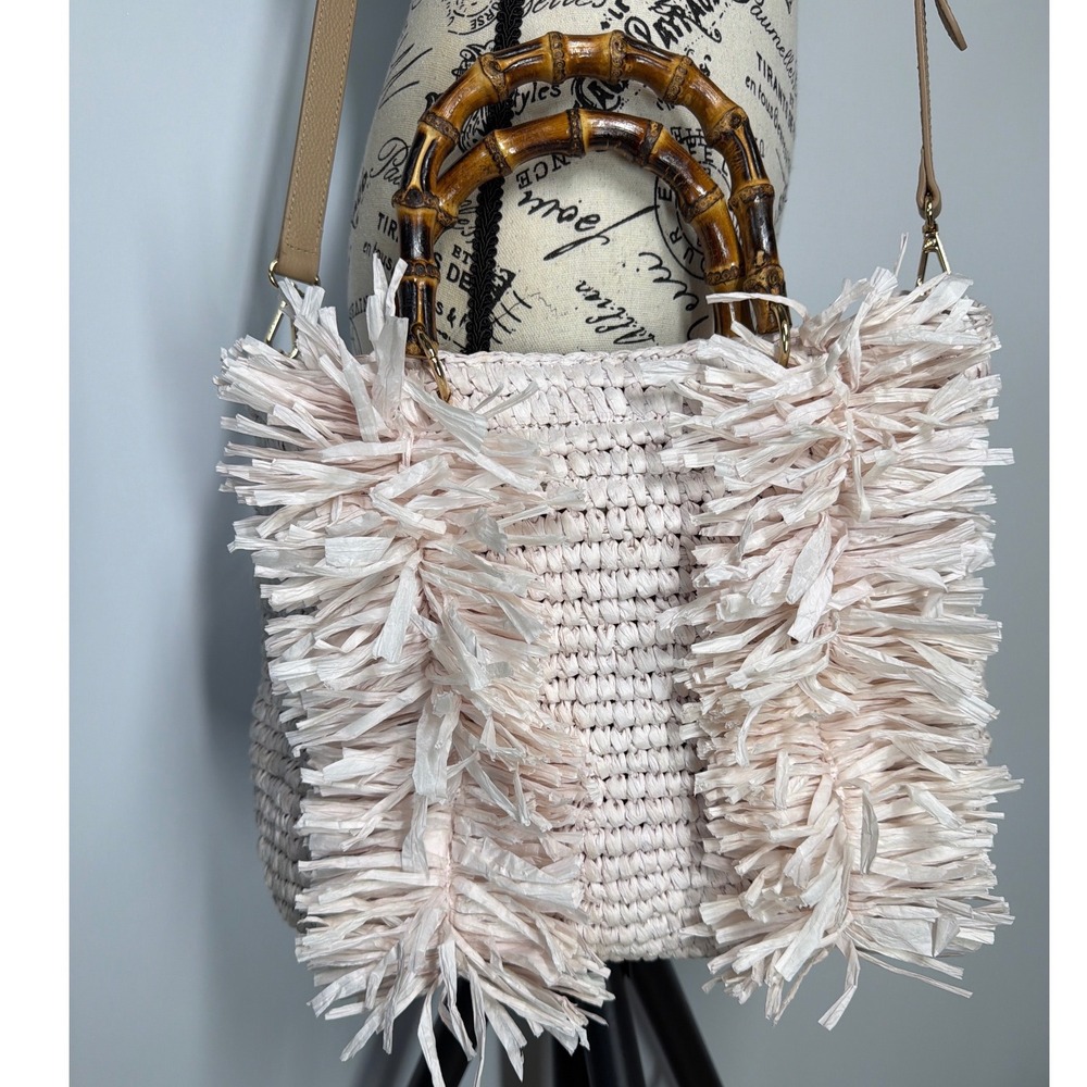 Chicos Pink Raffia Crochet Fringe Bag Bamboo Handle Crossbody Tote - Picture 6 of 15